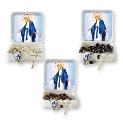 Small Rosary case "Miraculous Madonna" with imitation pearl Rosary, oval grains