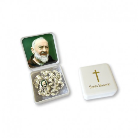 Scatola portarosario piccola "San Pio" con Rosario similperla grani ovali