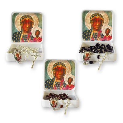 Small Rosary case "Our Lady of Czestochowa" with imitation pearl Rosary, oval grains