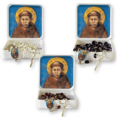 Large Rosary case "Saint Francis" with imitation pearl Rosary, oval grains