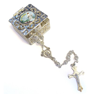 Square Rosary case "Our Lady of Fatima" with silver filigree Rosary