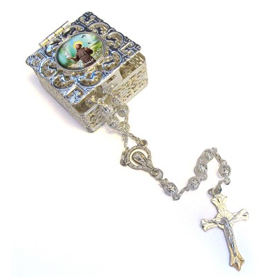 Square Rosary case "Saint Francis" with silver filigree Rosary