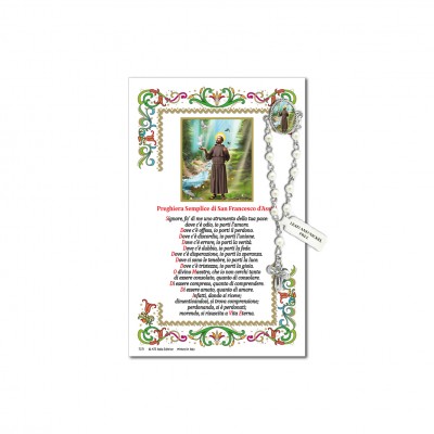 Saint Francis of Assisi - Holy picture on parchment paper with decade rosary pin