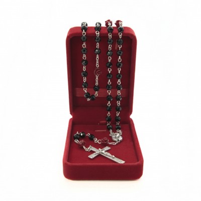 Crystal glass rosary mm 6 with coral rose in velvet box