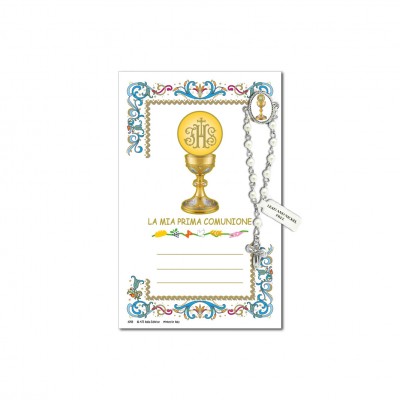 First Communion - Holy picture on parchment paper with decade rosary pin