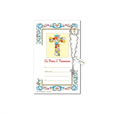 First Communion - Holy picture on parchment paper with decade rosary pin
