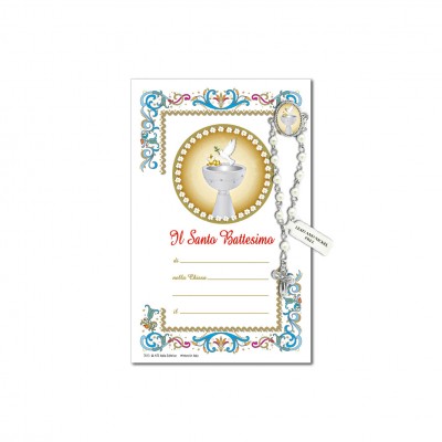 Battesimo - Immagine sacra su carta pergamena con spilletta decina rosario