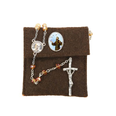 Pochette in felt with pin "SAINT FRANCIS" and crystal glass rosary