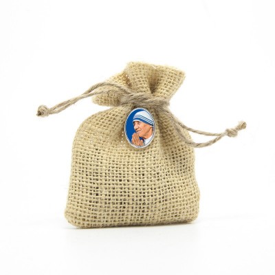 Wooden Rosary packed in Jute Pouch with pin "SAINT THERESA"