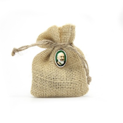 Wooden Rosary packed in Jute Pouch with pin "SAINT PIO"