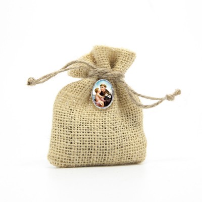 Wooden Rosary packed in Jute Pouch with pin "SAINT ANTONY"