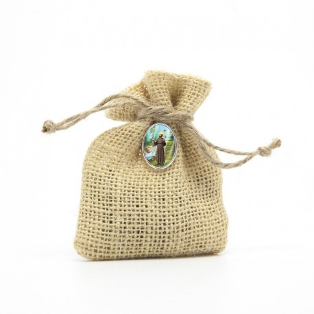 Wooden Rosary packed in Jute Pouch with pin "SAINT FRANCIS"