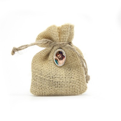 Wooden Rosary packed in Jute Pouch with pin "HOLY FACE OF JESUS"