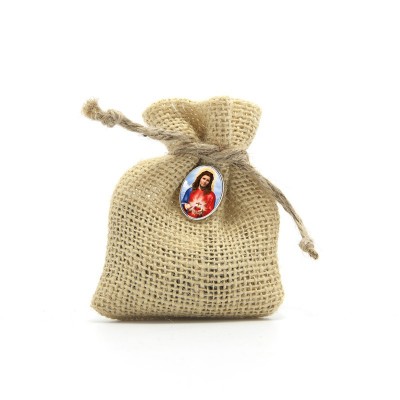 Wooden Rosary packed in Jute Pouch with pin "SACRED HEART OF JESUS"