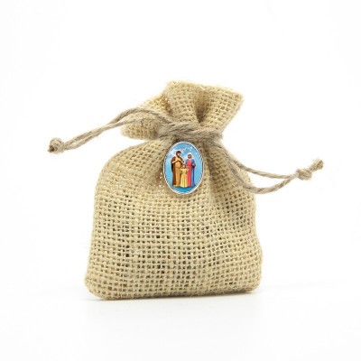 Wooden Rosary packed in Jute Pouch with pin "HOLY FAMILY"