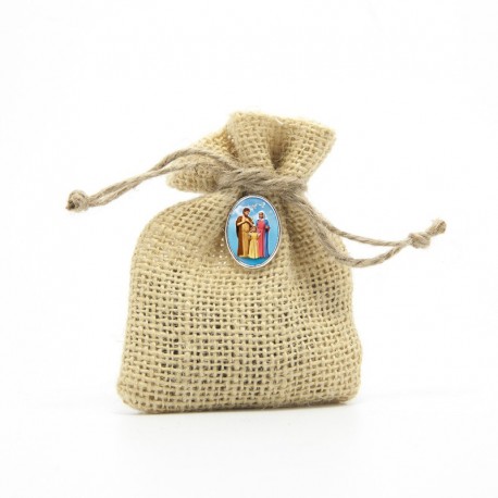 Wooden Rosary packed in Jute Pouch with pin "HOLY FAMILY"