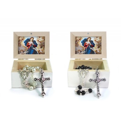 Wooden Jewellery case with glass Rosary 6mm - 19 OUR LADY UNTIER OF KNOTS