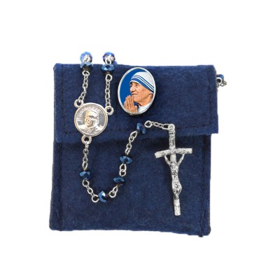 Pochette in feltro con pin "SANTA TERESA DI CALCUTTA" e Rosario cristallo sfaccettato