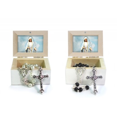 Wooden Jewellery case with glass Rosary 6mm - 74 OUR LADY OF FATIMA