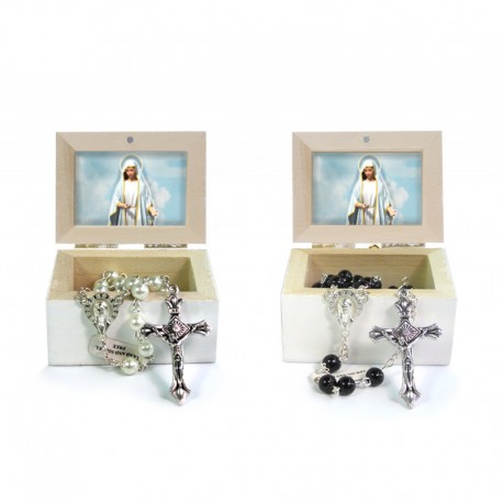 Wooden Jewellery case with glass Rosary 6mm - 74 OUR LADY OF FATIMA