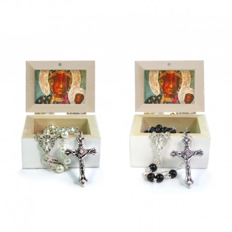 Wooden Jewellery case with glass Rosary 6mm - 18 OUR LADY OF CZESTOCHOWA