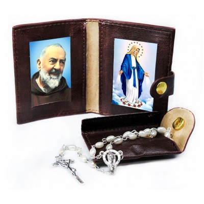 Saint Pio - Miracoulous Madonna - Leather Pochette with Rosary