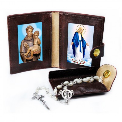 Saint Antony - Miracoulous Madonna - Leather Pochette with Rosary