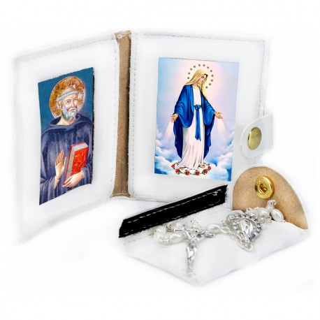 Saint Benedict - Miracoulous Madonna - Leather Pochette with Rosary