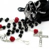 Satin pouch with coral rose and black pearl rosary