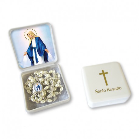 Large Rosary case "Miraculous Madonna" with imitation pearl Rosary, oval grains