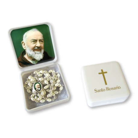 Large Rosary case "Saint Pio" with imitation pearl Rosary, oval grains