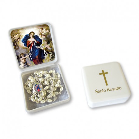 Large Rosary case "Our Lady Untier of Knots" with imitation pearl Rosary, oval grains