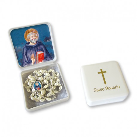 Large Rosary case "Saint Benedict" with imitation pearl Rosary, oval grains