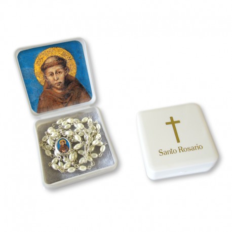 Large Rosary case "Saint Francis" with imitation pearl Rosary, oval grains