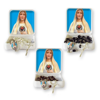 Scatola portarosario piccola "Madonna Fatima" con Rosario similperla grani ovali