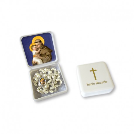 Small Rosary case "Saint Antony" with imitation pearl Rosary, oval grains