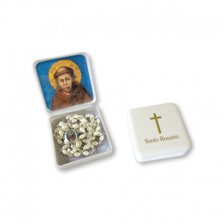 Scatola portarosario piccola "San Francesco" con Rosario similperla grani ovali