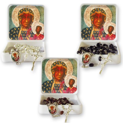 Large Rosary case "Our Lady of Czestochowa" with imitation pearl Rosary, oval grains