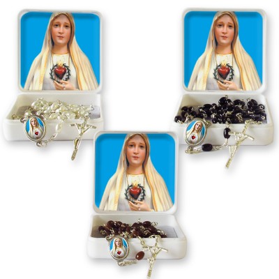 Scatola portarosario grande "Madonna di Fatima" con Rosario similperla grani ovali