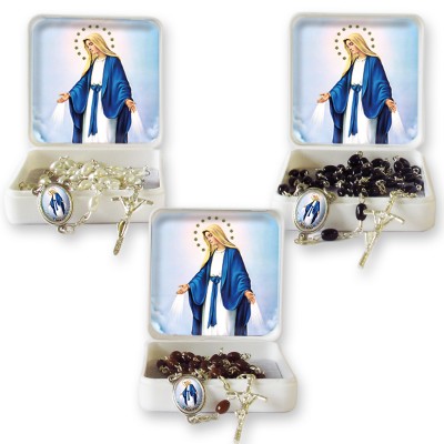 Large Rosary case "Miraculous Madonna" with imitation pearl Rosary, oval grains