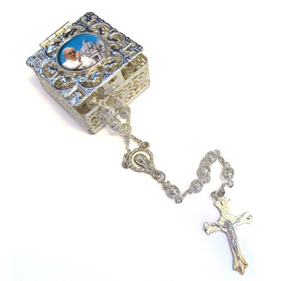Square Rosary case "Pope Francis" with silver filigree Rosary