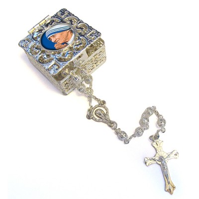 Square Rosary case "Saint Theresa" with silver filigree Rosary