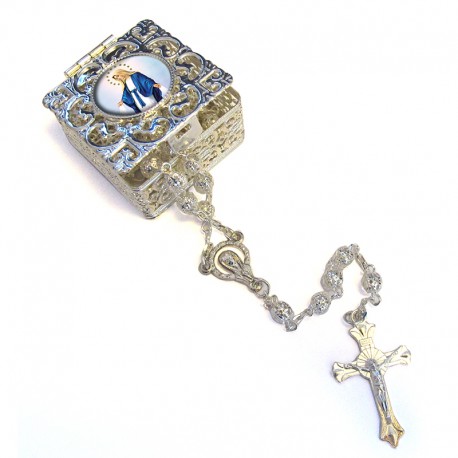 Square Rosary case "Miraculous Madonna" with silver filigree Rosary