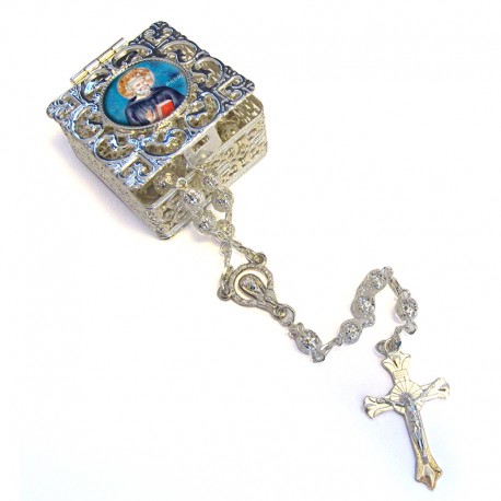 Square Rosary case "Saint Benedict" with silver filigree Rosary