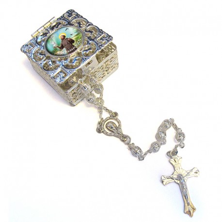 Square Rosary case "Saint Francis" with silver filigree Rosary