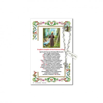 San Francesco d'Assisi - Immagine sacra su carta pergamena con spilletta decina rosario