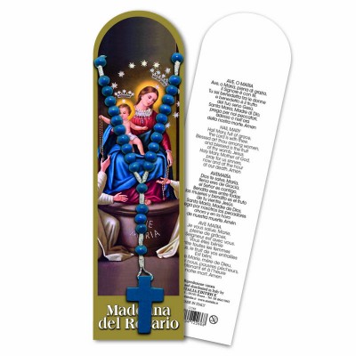 Bookmark "Our Lady of the Rosary" with wood Rosary - multilanguage