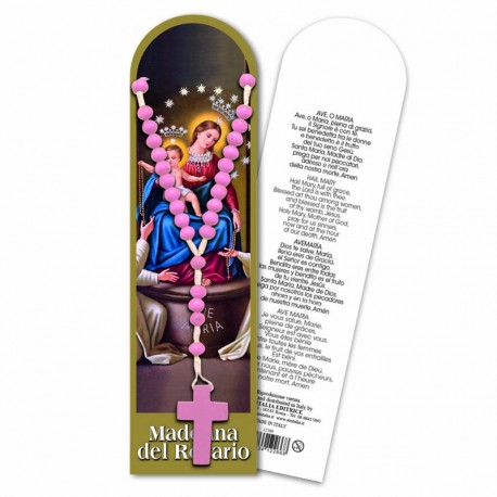 Bookmark "Our Lady of the Rosary" with wood Rosary - multilanguage