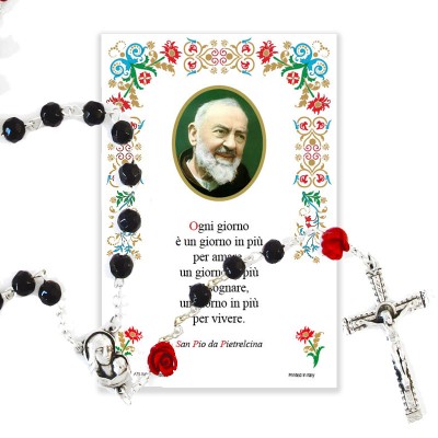Saint Pio - Holy picture on parchment paper with rosary