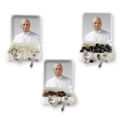 Little Rosary case "Pope Leo XIV" with original cross imitation pearl Rosary, oval grains